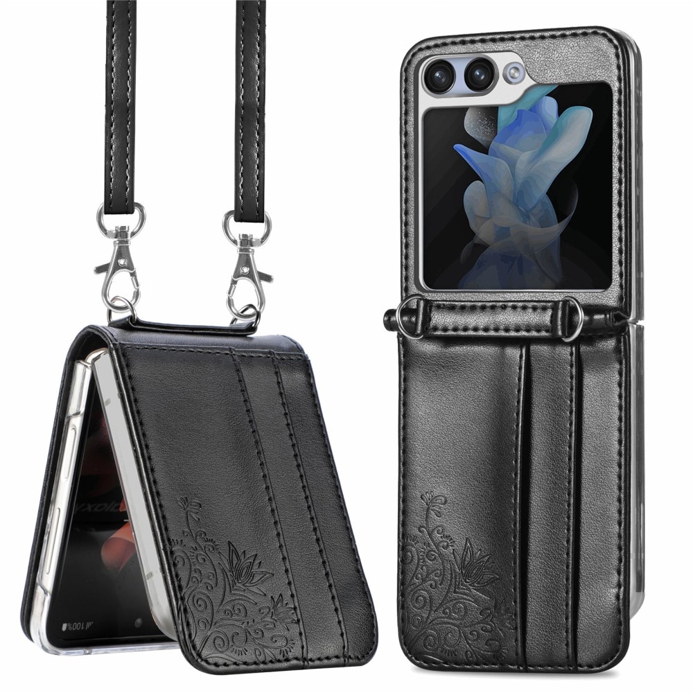 Funda de cuero con mariposas para Samsung Galaxy Z Flip 6, negro