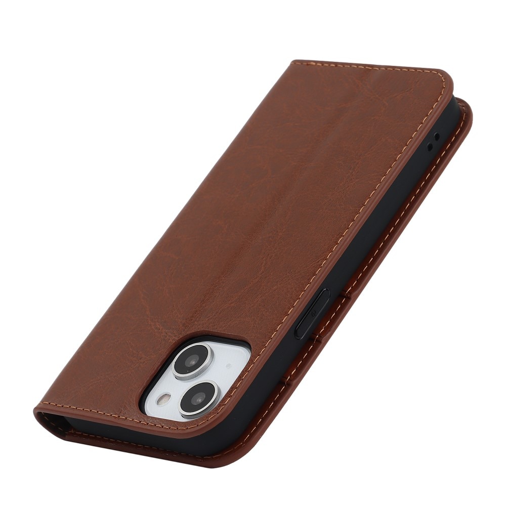 Funda cartera de cuero genuino iPhone 15 Plus marrón