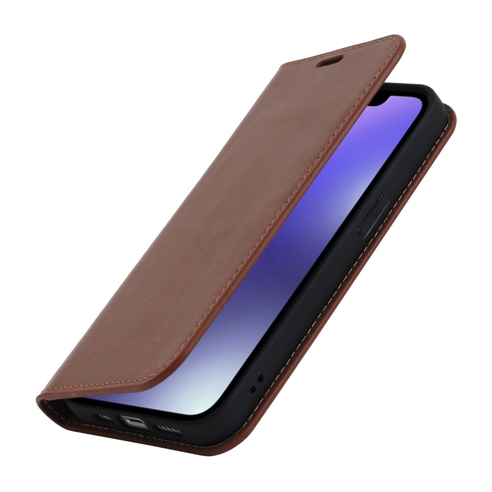 Funda cartera de cuero genuino iPhone 15 Plus marrón