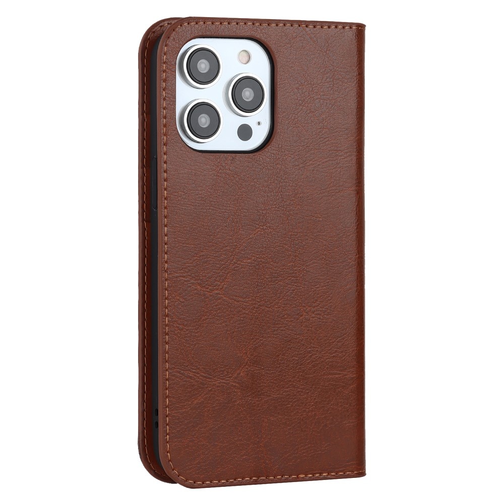 Funda cartera de cuero genuino iPhone 15 Pro marrón