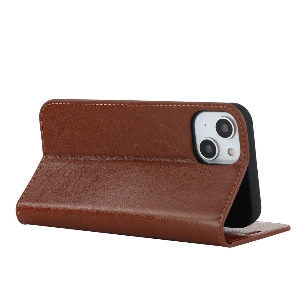 Funda cartera de cuero genuino iPhone 15 marrón