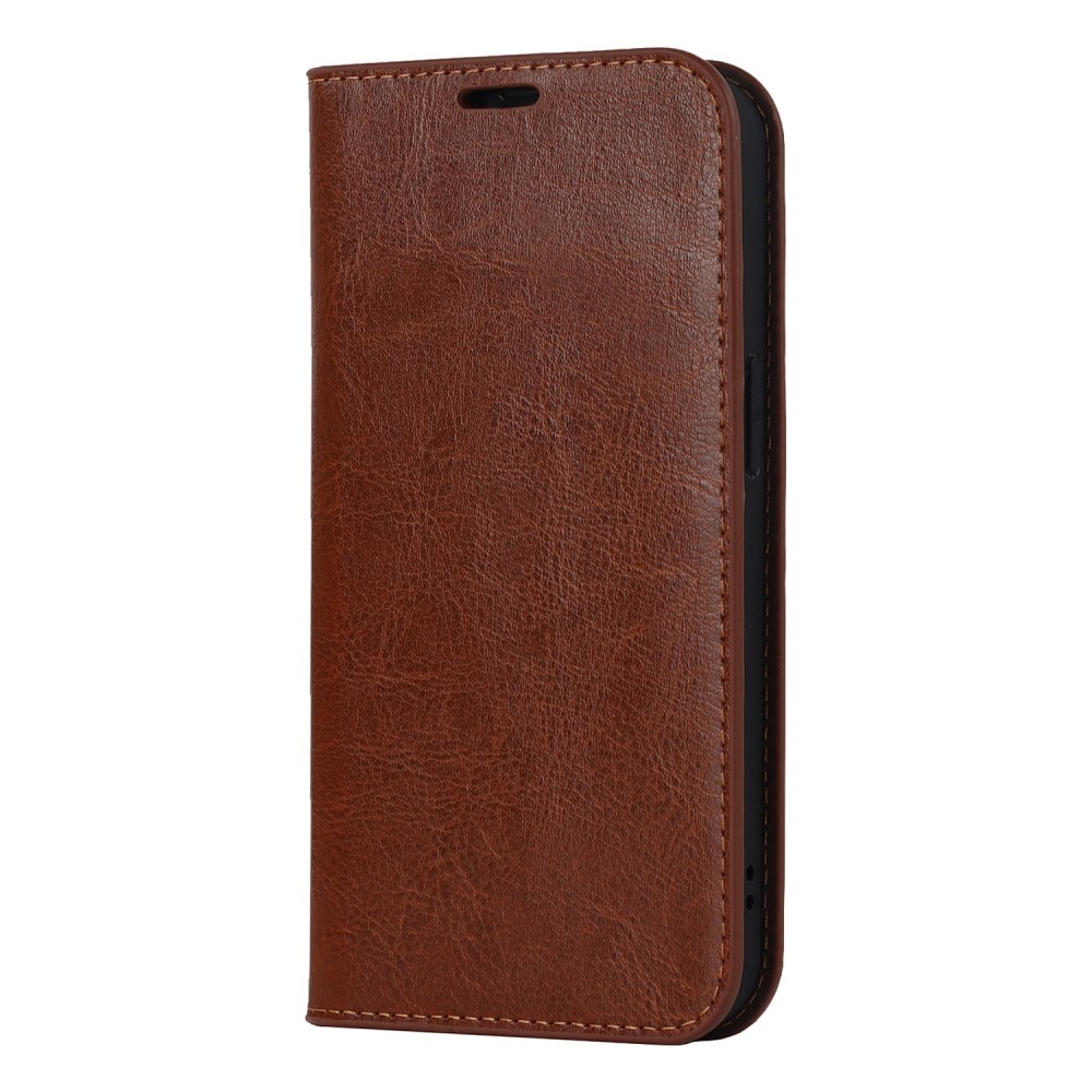 Funda cartera de cuero genuino iPhone 15 marrón