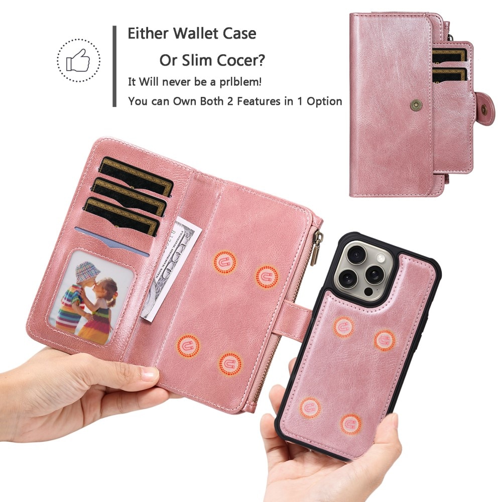 Magnet Leather Multi Wallet iPhone 15 Pro Max rosado