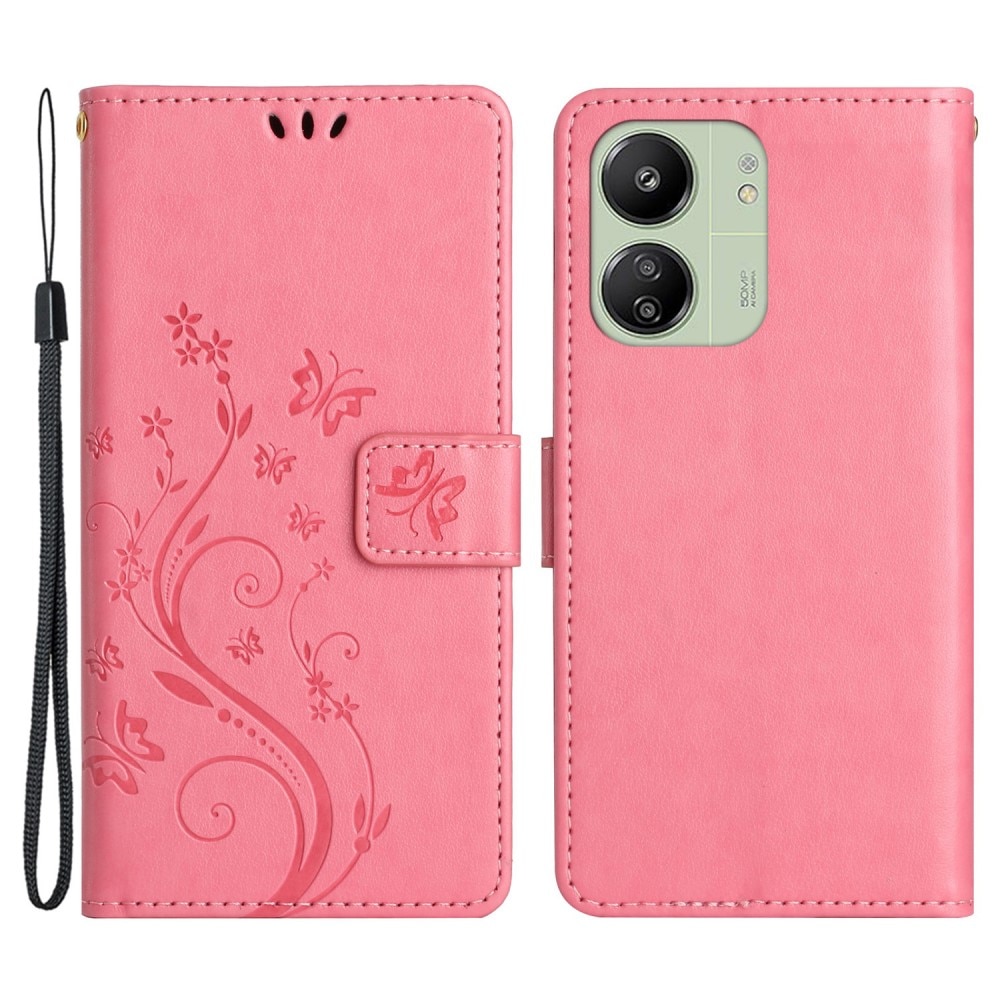 Funda de Cuero con Mariposas Xiaomi Redmi 13C, rosado