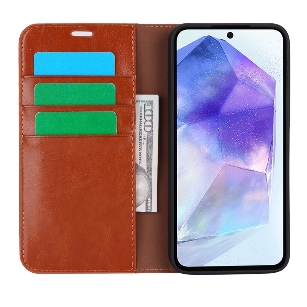 Funda cartera de cuero genuino Samsung Galaxy A55 marrón