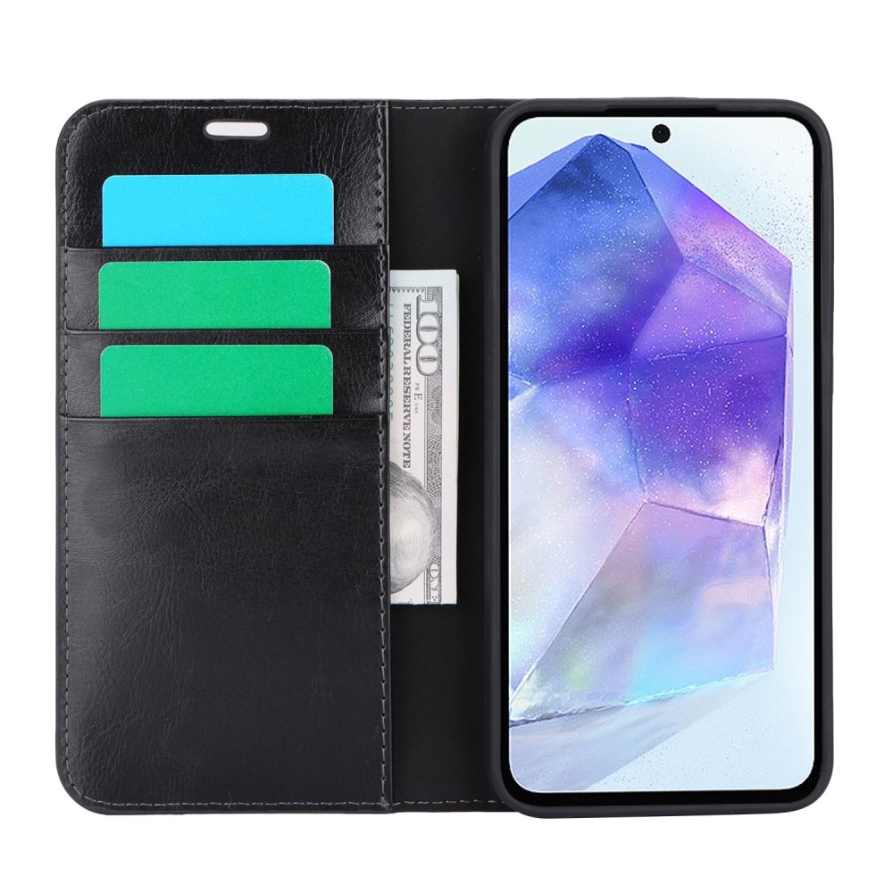 Funda cartera de cuero genuino Samsung Galaxy A55 negro