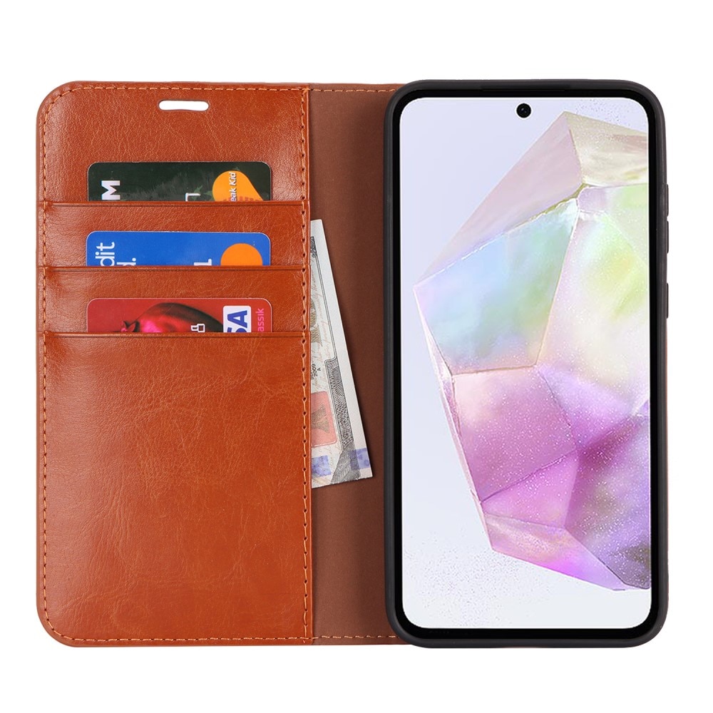 Funda cartera de cuero genuino Samsung Galaxy A35 marrón