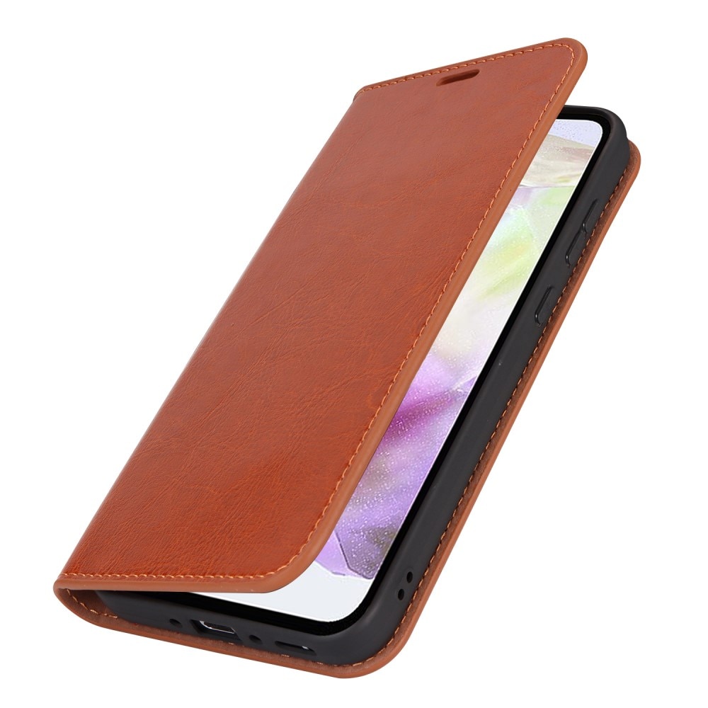 Funda cartera de cuero genuino Samsung Galaxy A35 marrón