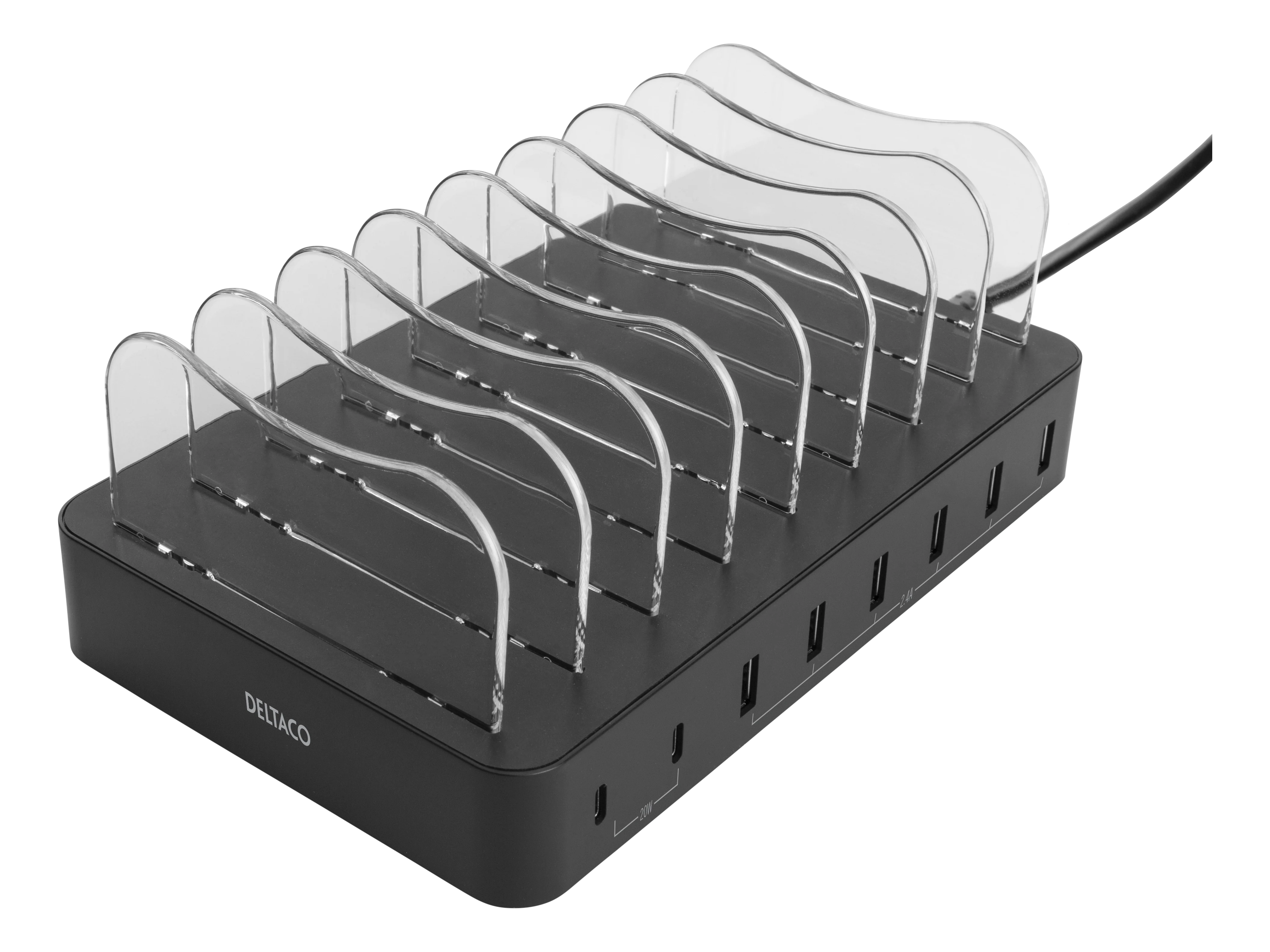 Estación de carga para 8 dispositivos, 6x USB-A, 2x USB-C 75W negro