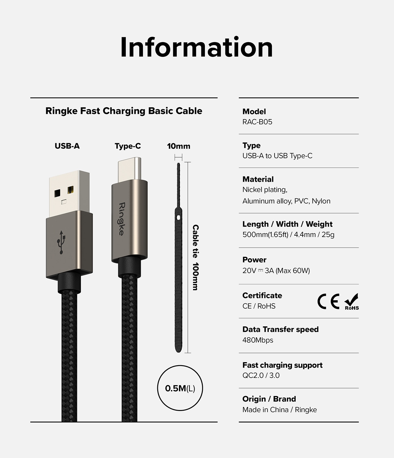 Fast Charging Basic Cable USB-A -> USB-C 0,5m, negro