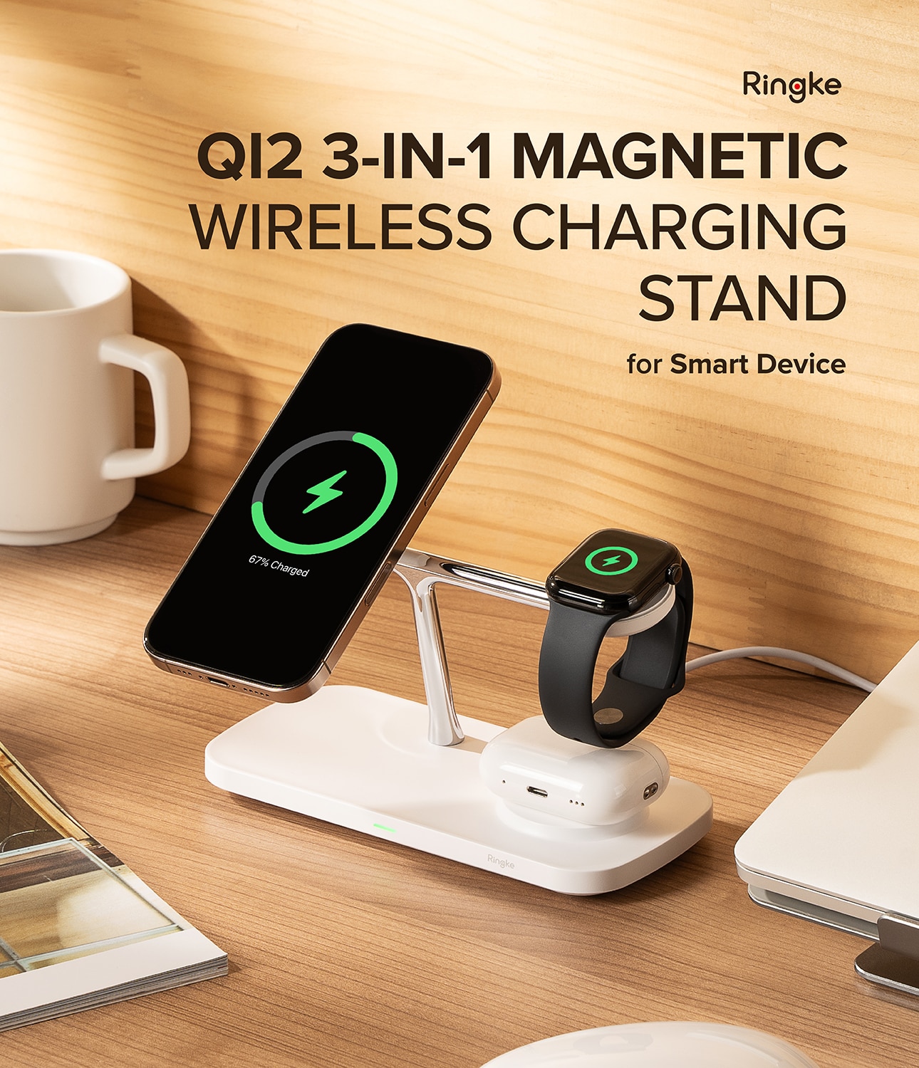 3-in-1 Wireless Charger Stand Qi2 MagSafe, blanco