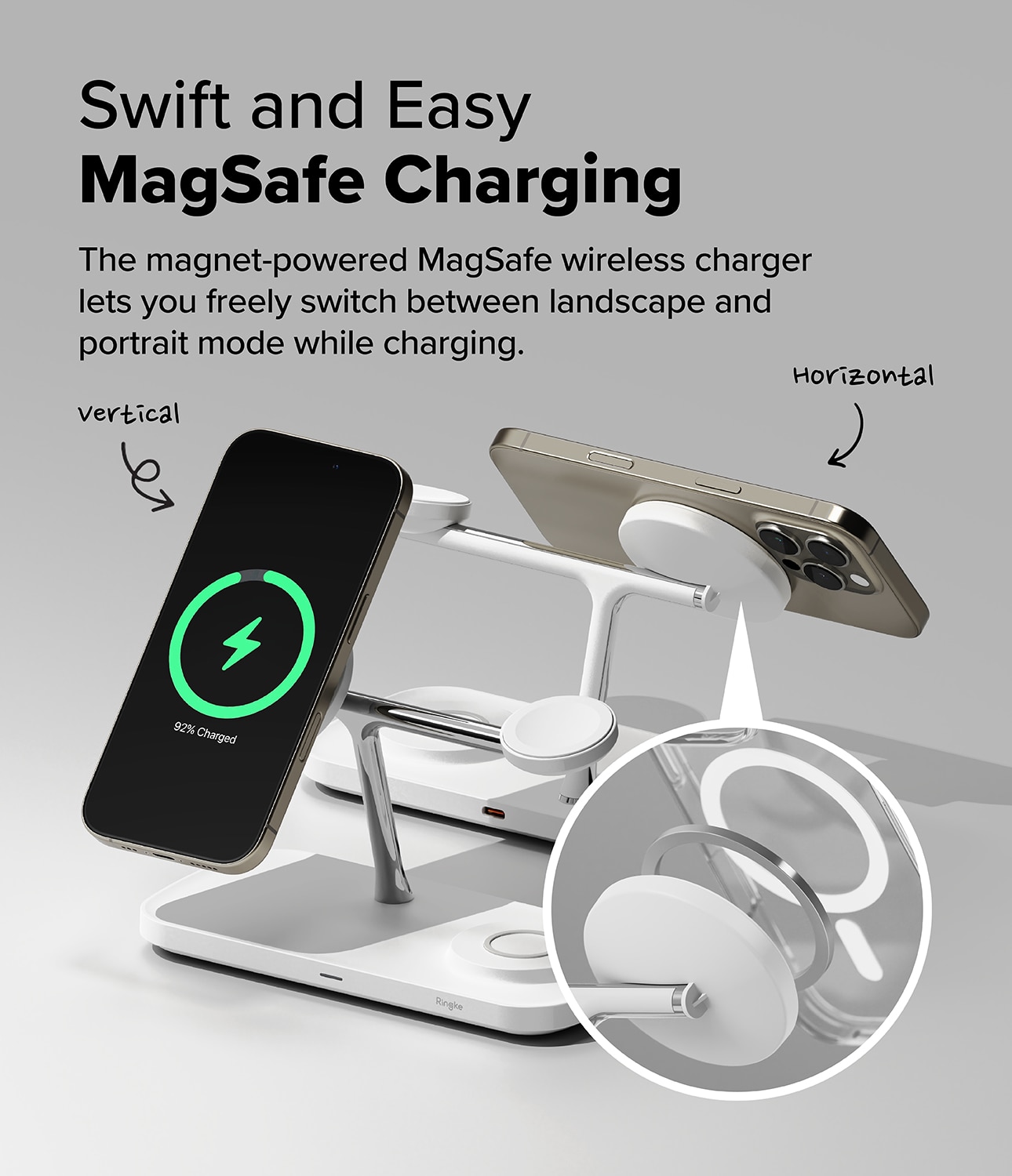 3-in-1 Wireless Charger Stand Qi2 MagSafe, blanco