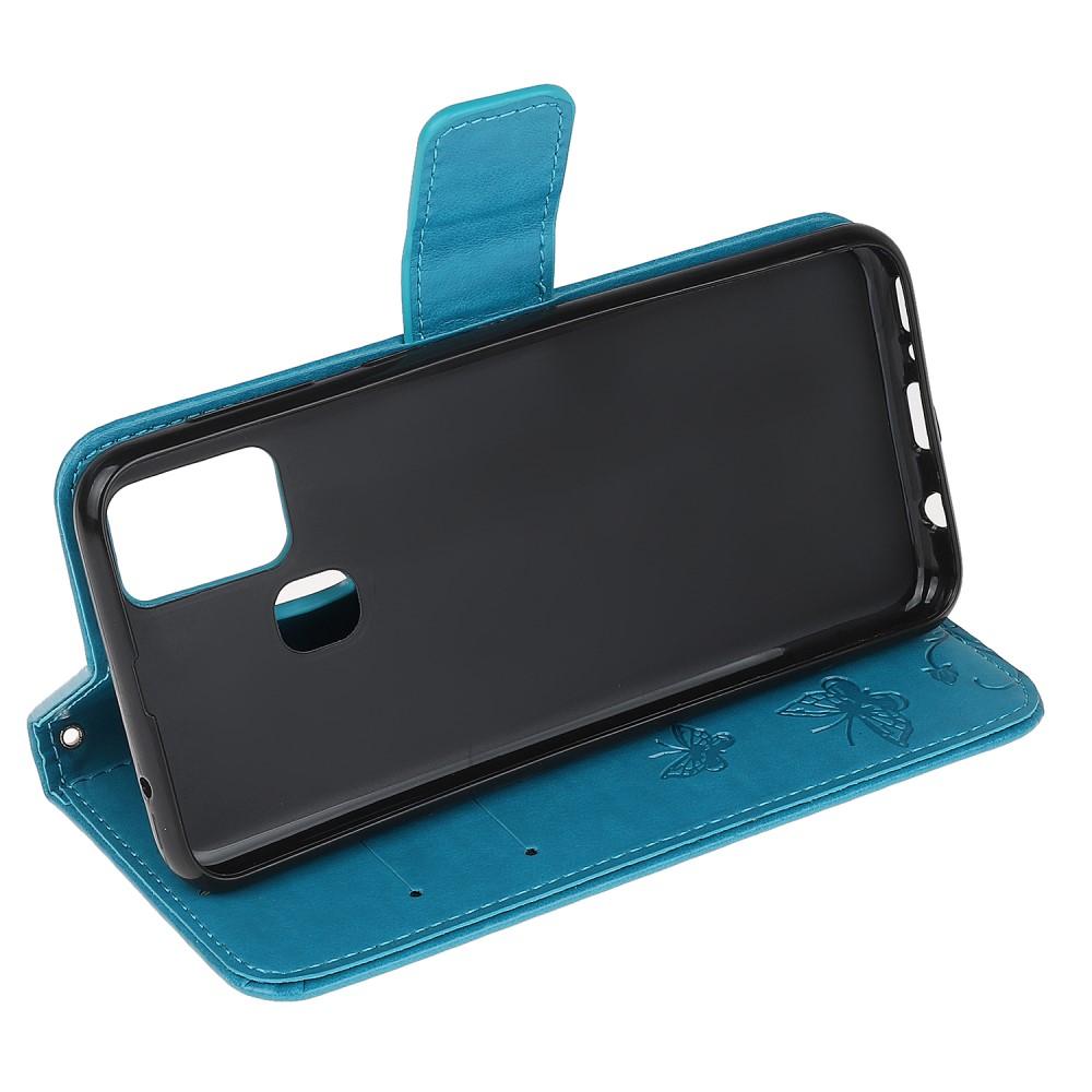 Funda de cuero con mariposas para Samsung Galaxy A21s, azul