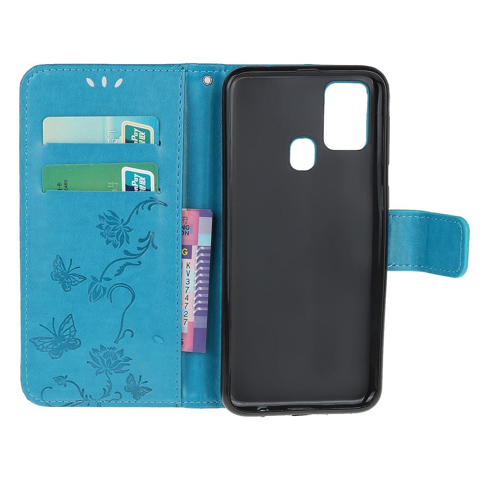 Funda de cuero con mariposas para Samsung Galaxy A21s, azul